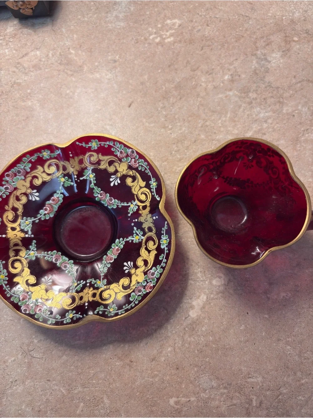 Antique Bohemian Glass Ruby Red Demitasse Cup + Saucer Set Mosier Style